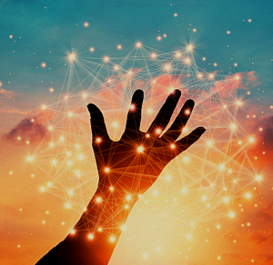 hand reaching with constellation